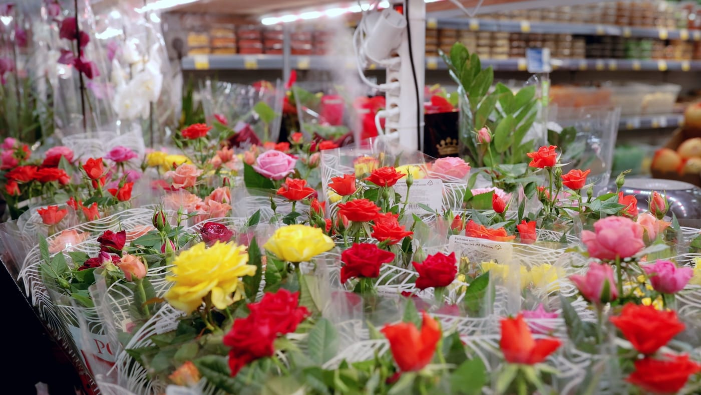 Flower display at the entrance of a grocery store