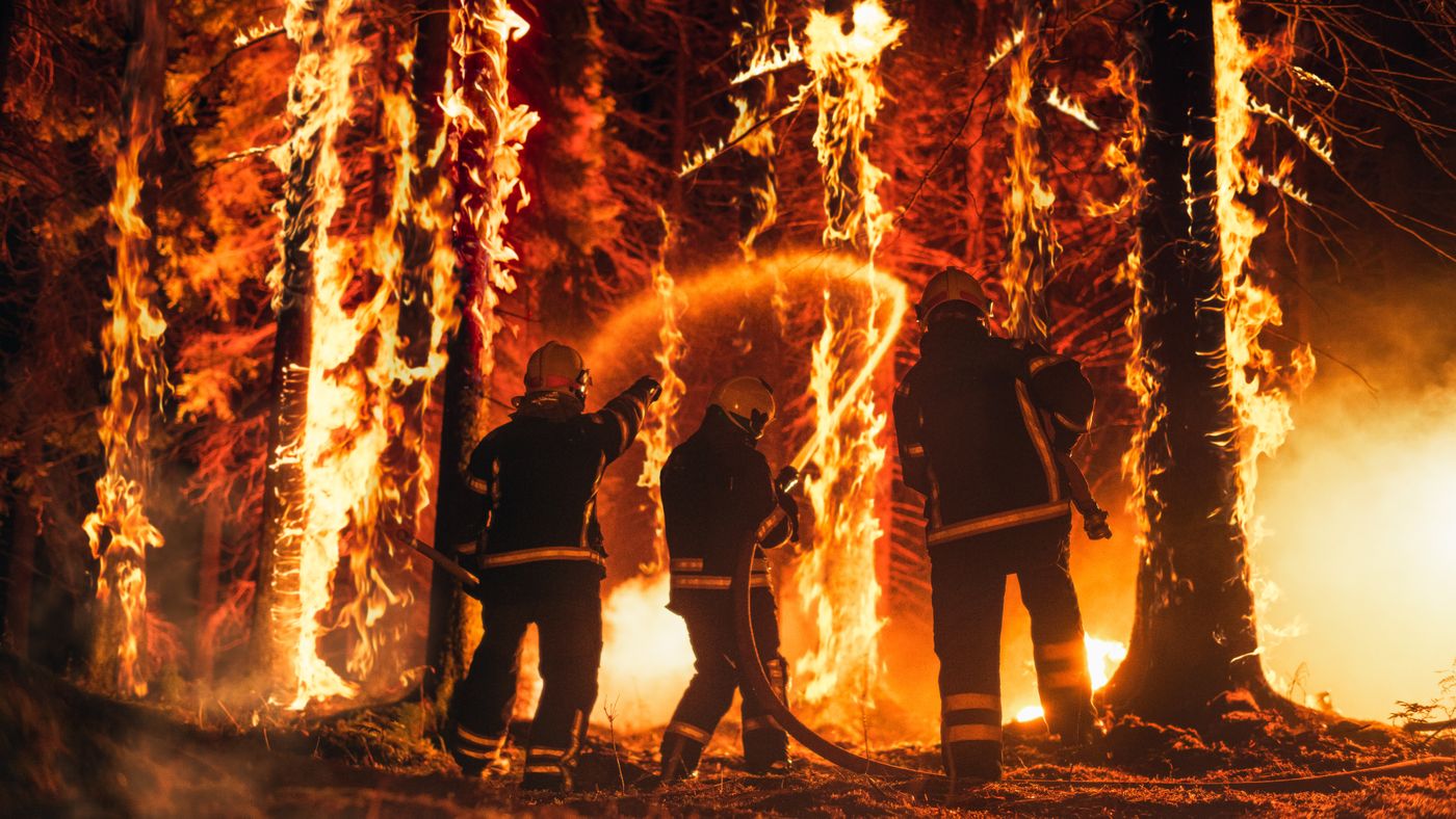 Firefighters working near wildfire flames