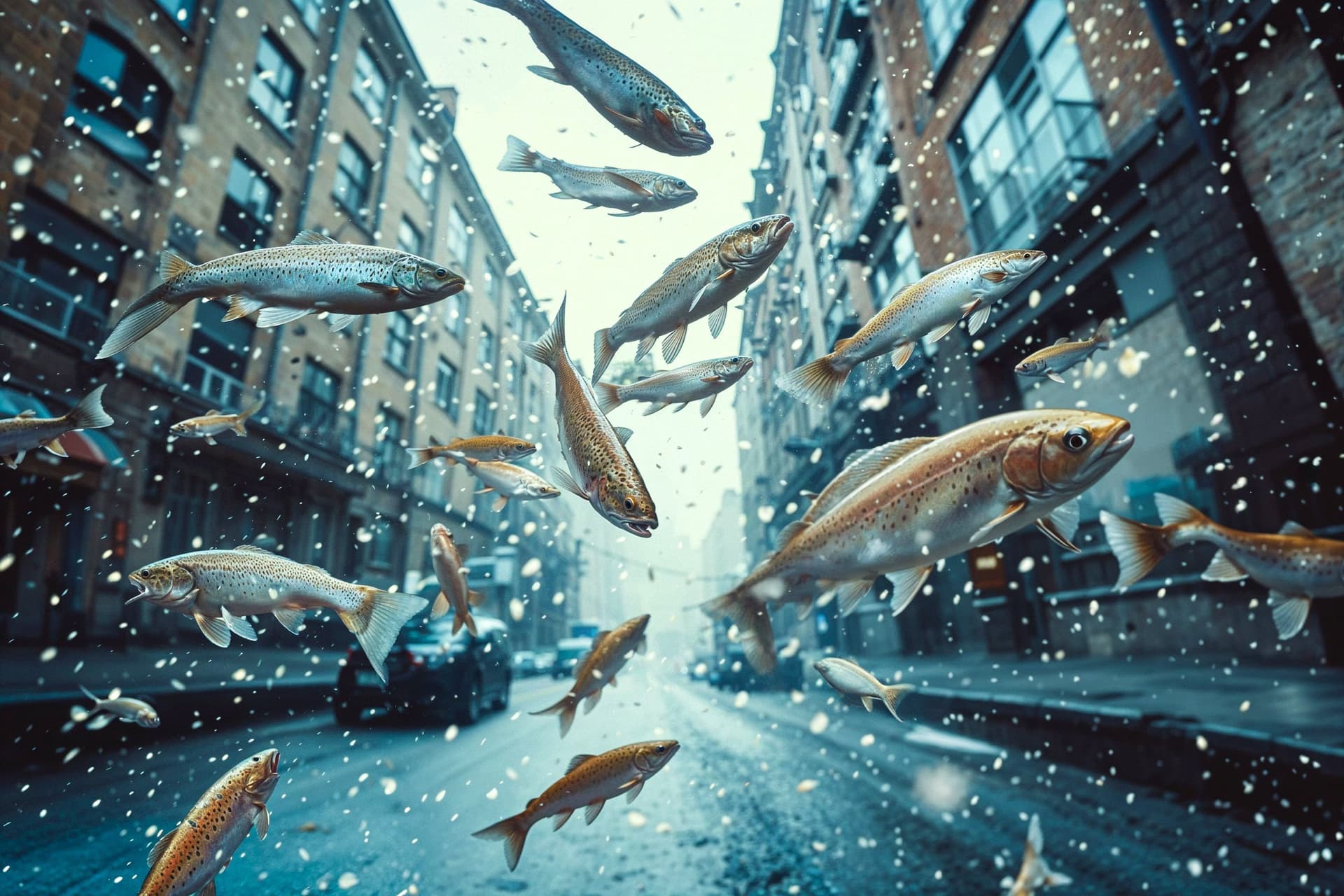 Fish falling from sky illustration