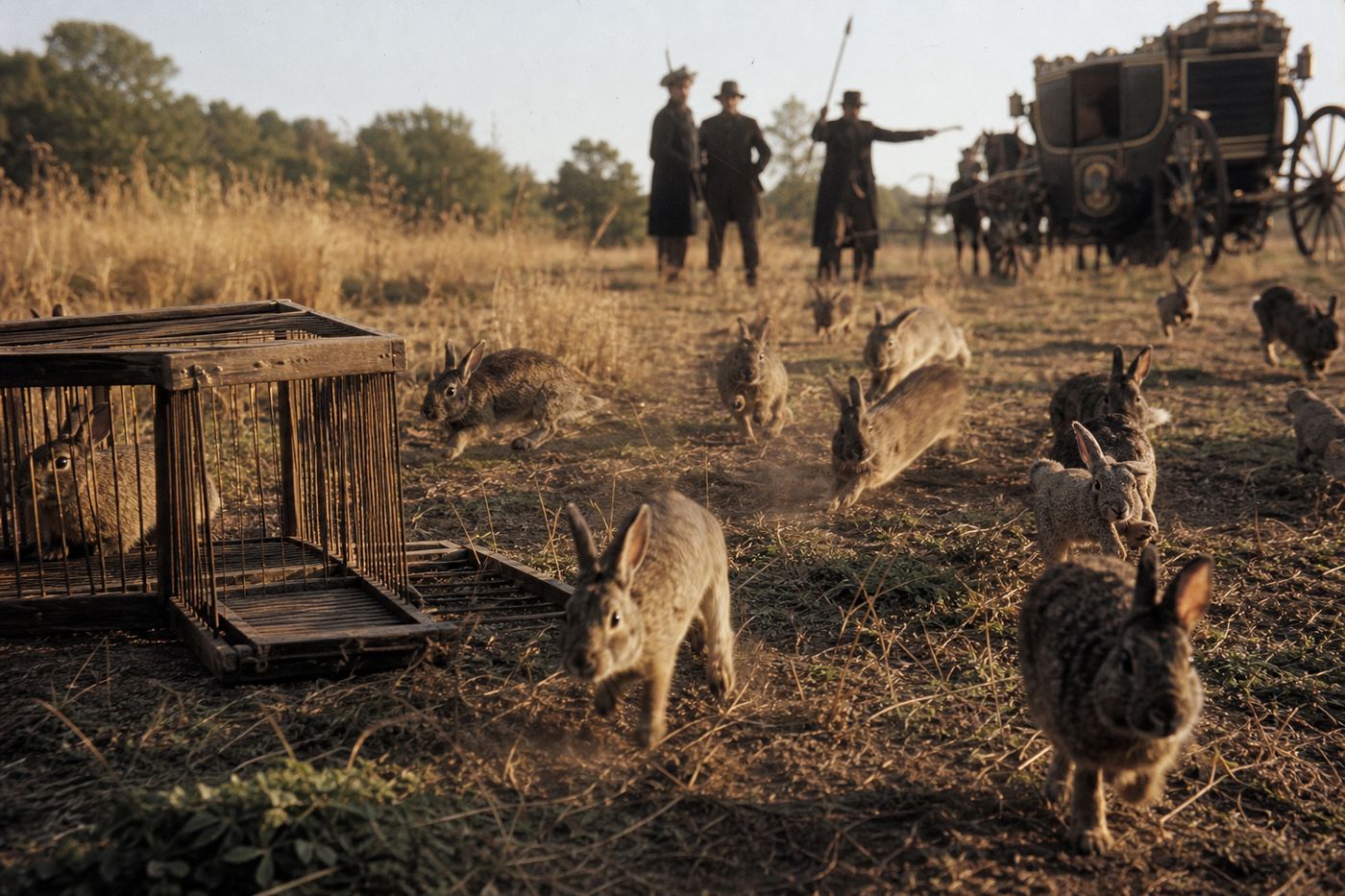 Rabbits swarming a hunting field