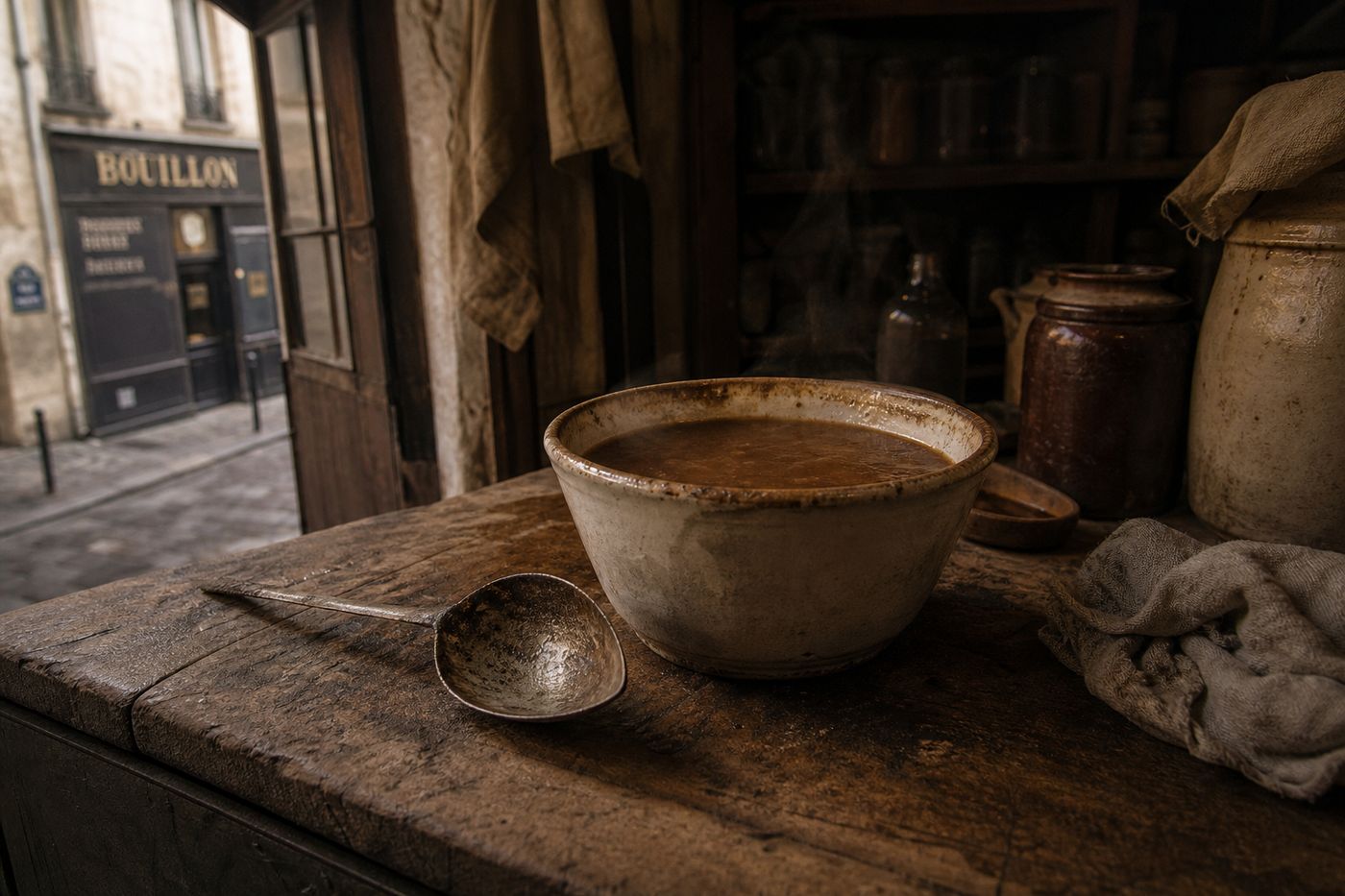 Steaming bowl of broth soup