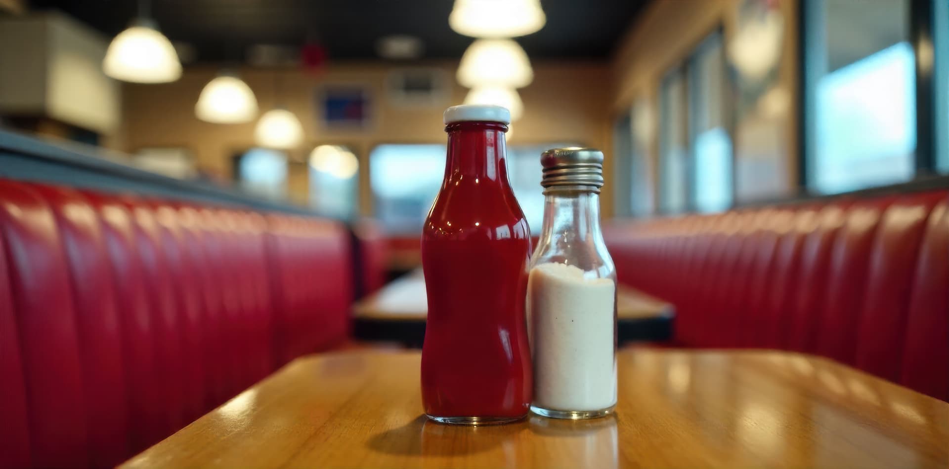 Vintage ketchup bottles and mushrooms