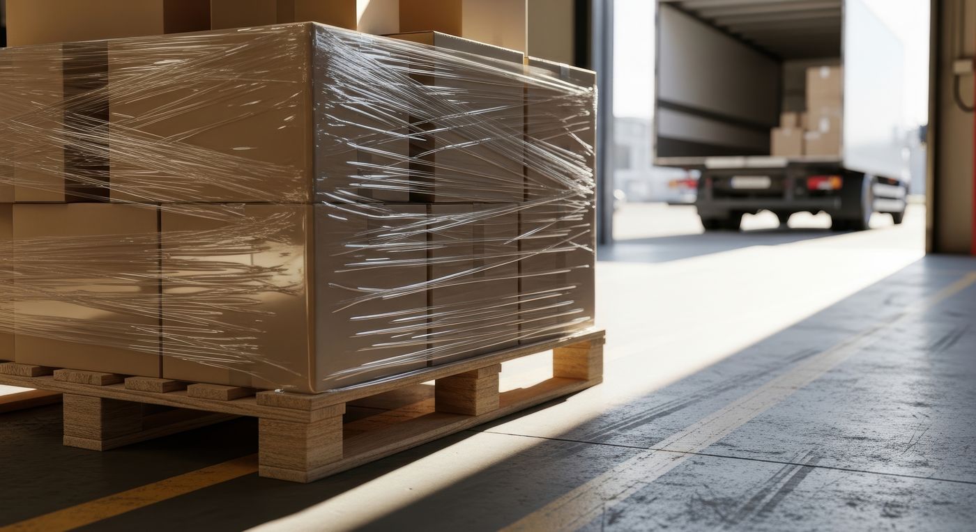 Stack of shipping pallets and mailbags in warehouse