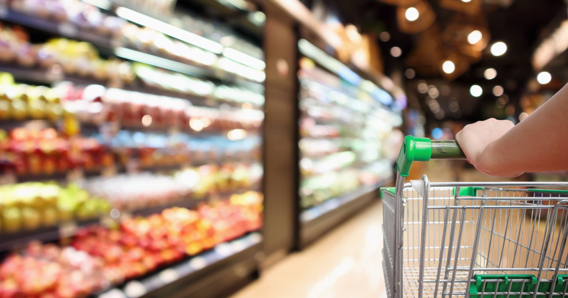 Grocery store aisle with colorful products