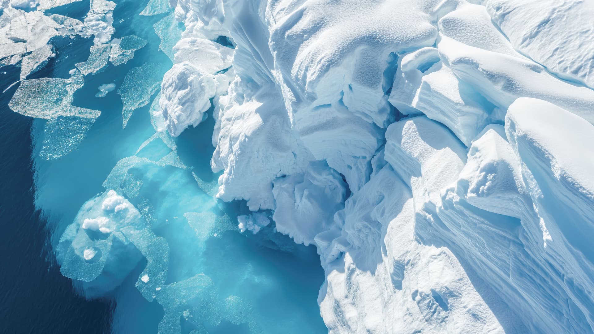 Aerial view of Antarctica ice shelf and ocean